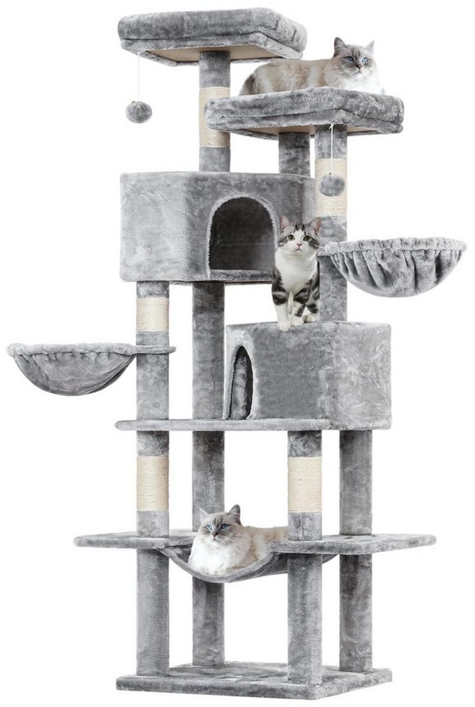 MSMASK Kratzbaum mit Sisalstämme, 2 Plattformen, 2 Katzenhöhlen, 2 Körbe, Hängematte, 180cm hoch, hellgrau Bild 1