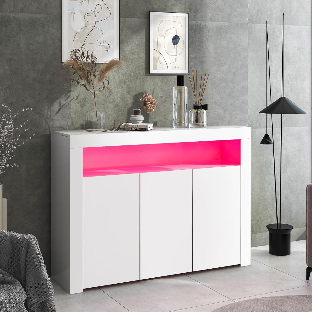 Merax Hochglänzende weiße Sideboard-Vitrine mit LED-Leuchten, moderne 3-türige Holz-Buffetschrank-Aufbewahrungseinheit mit Fernbedienung für Küche, Wohnzimmer, Esszimmer, Flur Bild 1