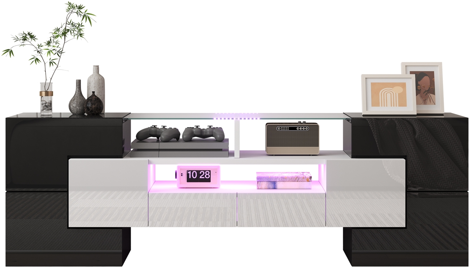 Stilvoller TV-Schrank, Lowboard. hochgl?nzendes Wei?, 145 cm, LED-Beleuchtung, Wohnzimmerm?bel. modernes Design. elegante Glasoberfl?che. Bild 1