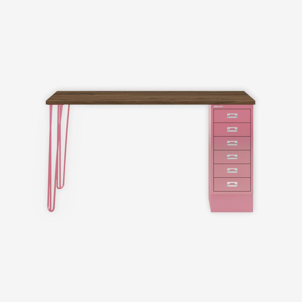 MultiDesk, 2 Stahlfüße, 1 MultiDrawer mit 6 Schüben, Dekor Nussbaum, Farbe Pink, Maße: H 740 x B 1400 x T 600 mm Bild 1