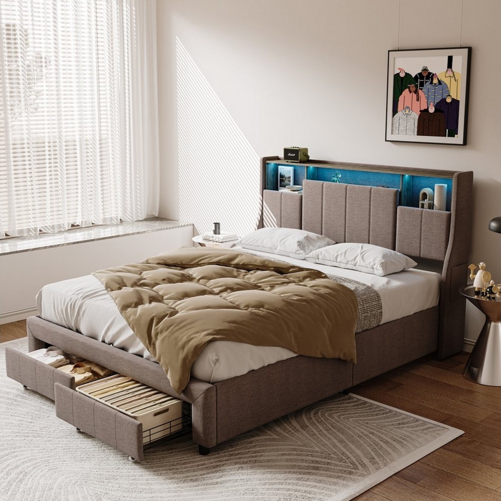 PXloue Polsterbett LED Doppelbett Stauraumbett, Ladefunktion, Lattnenrost, 2 Schubladen, Leinen, 160x200 cm Bild 1