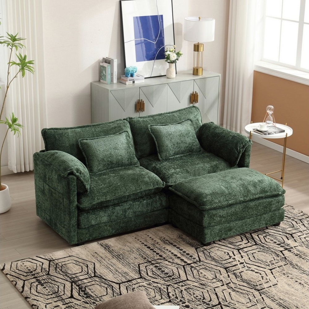 OKWISH Sofa Modernes 2-Sitzer-Loungesofa mit Chenille-Stoff & Fußstütze,Kindersofa, ideal für Wohnzimmer & Schlafzimmer, inklusive seitlicher Aufbewahrung und Kissen, ideal für Wohnzimmer & Schlafzimmer Bild 1