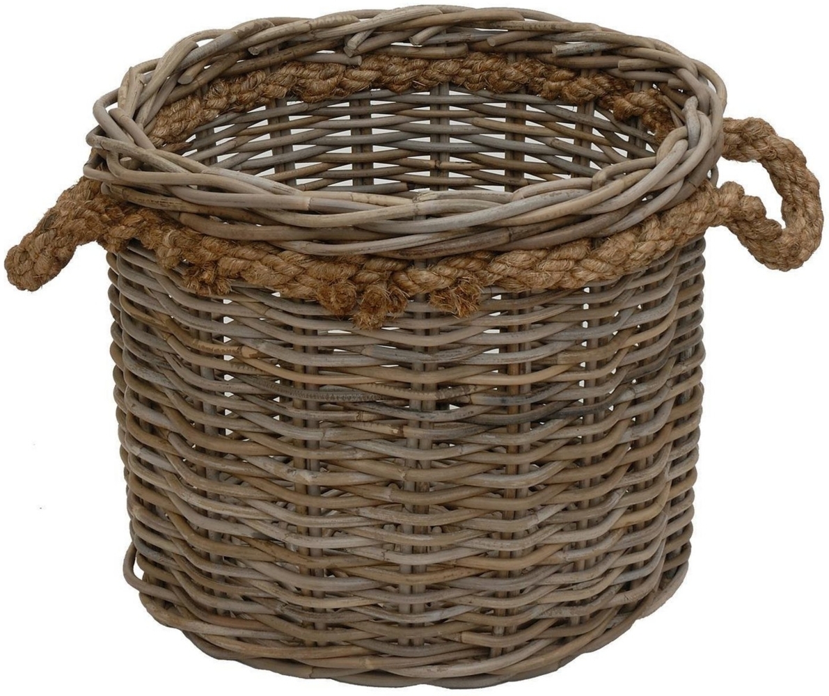 Krines Home Übertopf Großer Pflanzkorb Holzkorb rund Rattan Gartenkorb Grau Natur, mit Seilgriffen, geflochten Korb Übertopf Dekorationskorb Bild 1