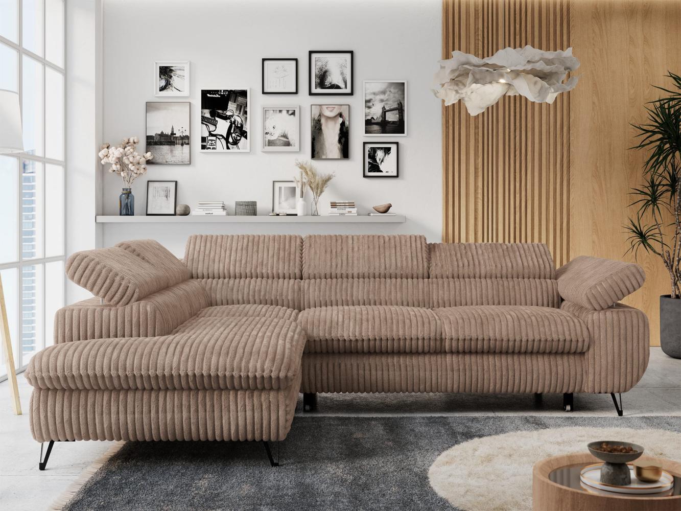 Ecksofa mit Bettfunktion, Modern Sofa, L-form, Einstellbare Kopfstützen, Bettkasten, PETER, 1x Ecksofa, 1x Topper, Braun, Cord, links Bild 1