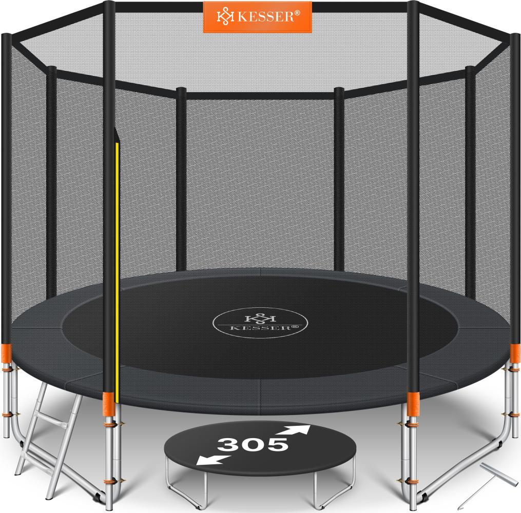 KESSER® - Trampolin | TÜV SÜD GS Zertifiziert | Komplettset mit Sicherheitsnetz, Leiter, Randabdeckung & Zubehör | Kindertrampolin Gartentrampolin Belastbarkeit 150 kg Orange, 305 cm Bild 1