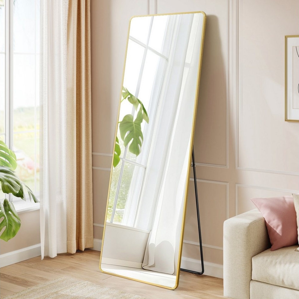 SONGMICS Ganzkörperspiegel, 150 x 40 cm, rechteckiger Standspiegel, Rahmen aus Aluminiumlegierung, Hartglas, für Schlafzimmer, Wohnzimmer, Garderobe, blassold Bild 1