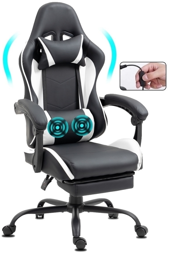 Delman Bürostuhl Gaming Stuhl Massage Gaming Sessel Ergonomischer mit Fußstütze Kopfstütze Massage-Lendenkissen Gaming Chair Drehsessel 02-0042 Weiß Bild 1