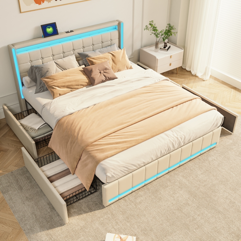Doppelbett mit Leinenbezug und LED-Lichtern, 140x190cm, 4 Eisen-Schubladen Bild 1