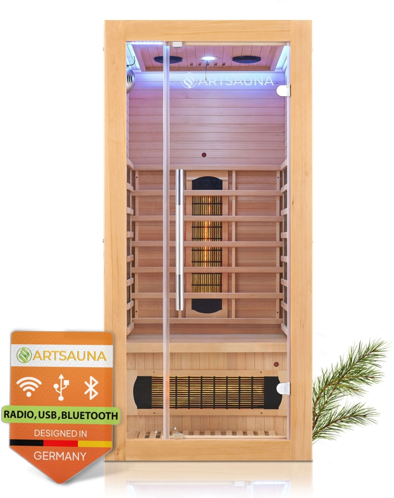 Artsauna Infrarotkabine Kiruna90 mit 4 Vollspektrum- & 3 Flächenstrahler, 1 Person, 90 x 90 x 190 cm, LED Farblicht & Glastür, Infrarotsauna Sauna Bild 1