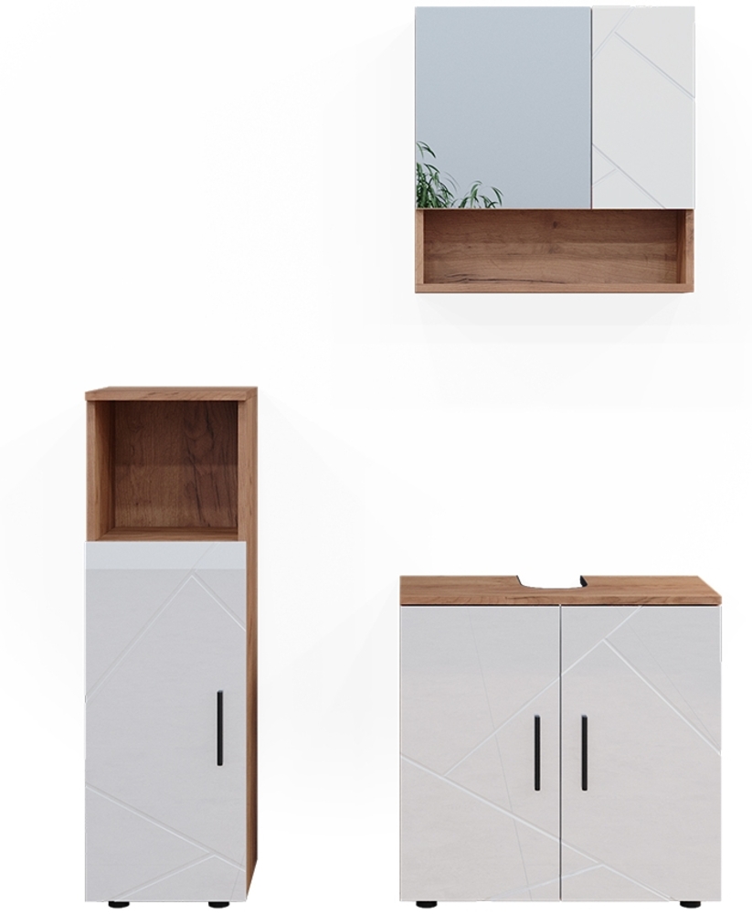 Badmöbel-Set Irma Weiß Hochglanz/Goldkraft Eiche 3 Teile Vicco Bild 1