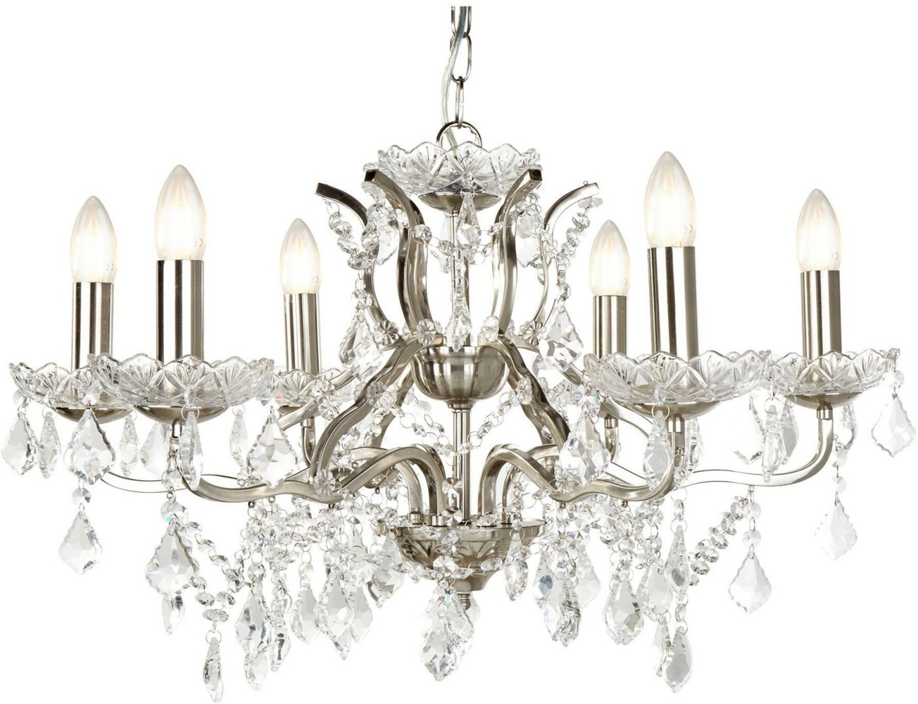 Paris 6Flammiger Kronleuchter, Klare Kristalltropfen & Verkleidung, Satin Silber Bild 1