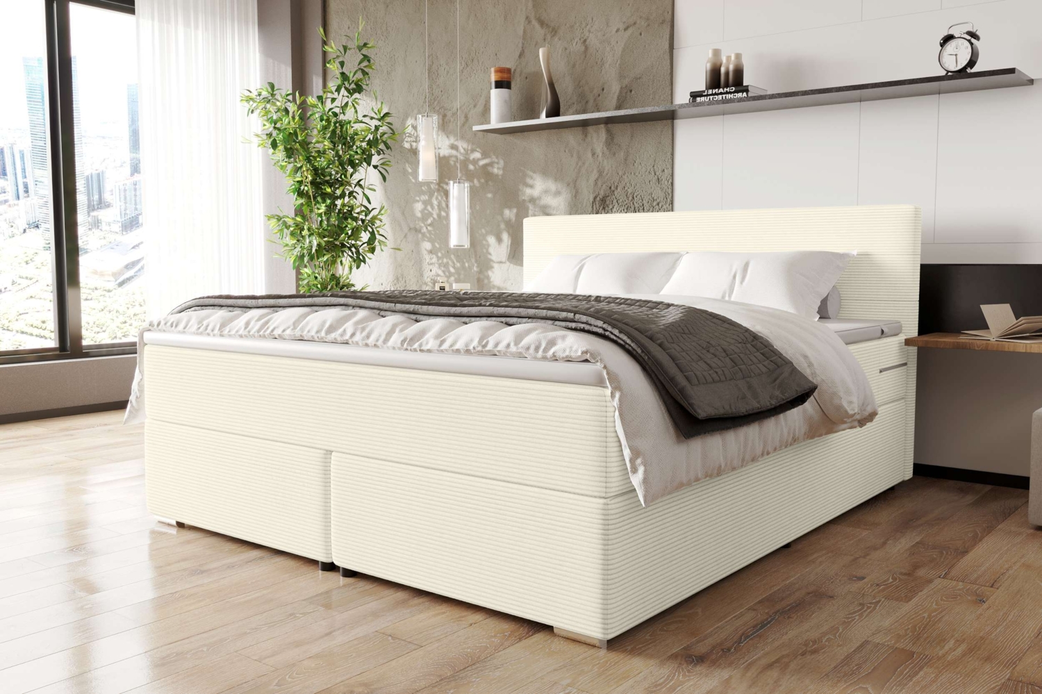 99rooms 'Phönix' Boxspringbett, Creme, 180x200 cm, Cordstoff POSO Bild 1