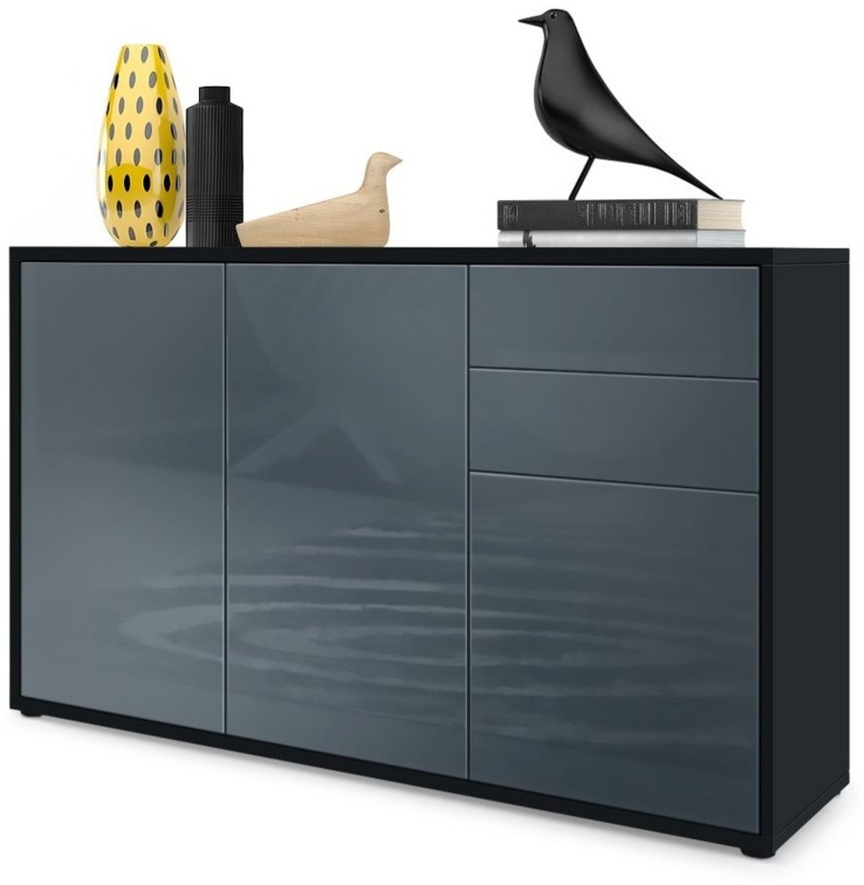 Vladon Sideboard Ben V3, Kommode mit 3 Türen und 2 Schubladen, Schwarz matt/Grau Hochglanz (117 x 74 x 36 cm) Bild 1