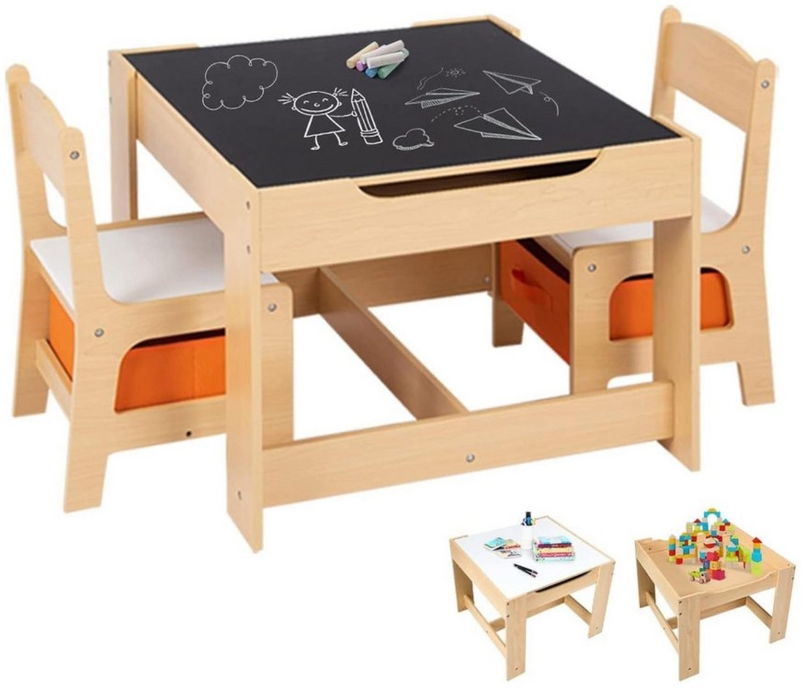 COSTWAY Kindersitzgruppe, 3tlg. Kindertisch mit 2 Stühlen, Stauraum & Tafel Bild 1