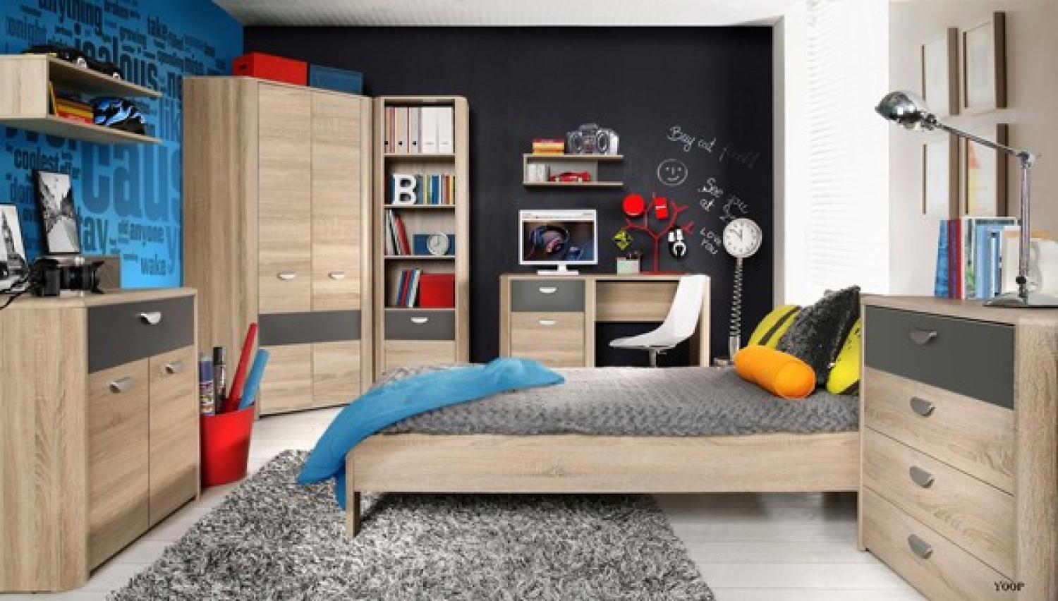 Jugendzimmer Set "Yoop" 6-teilig mit Eckkleiderschrank und Bett 90x200 cm sonoma eiche - grau Bild 1