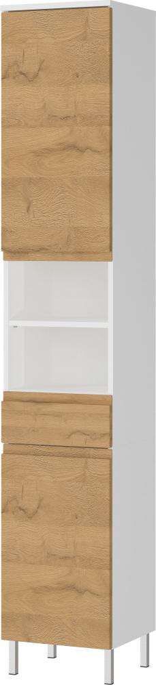 Kadima Design Hochschrank mit einstellbaren Fächern und Schublade, 34x34x190, in Weiß und Grandson-Eiche, mit Chromfüßen, verstellbare Böden, "Veer" Bild 1