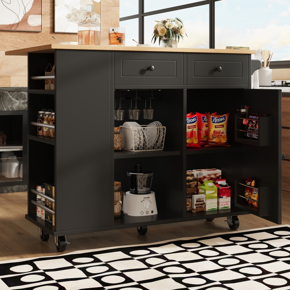 Merax Kücheninsel mit herausnehmbaren Trennwänden, Küchenschrank, Esszimmerwagen mit Arbeitsplatte, Buffetschrank, Esszimmerwagen mit Holzmaserung, ausgestattet mit Snackhalter und Weinglasregal, schwarz Bild 1