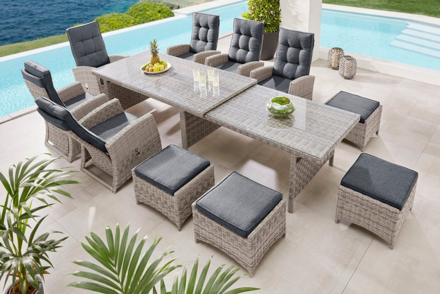 KONIFERA Garten-Essgruppe Monaco, (Set, 27-tlg, 6x Sessel, 4x Hocker, 1x AZ-Tisch 200-366 x 100 x 75,5 cm, inkl. Auflagen), für 10 Personen Aluminium, Polyrattan, Rückenlehne verstellbar Bild 1