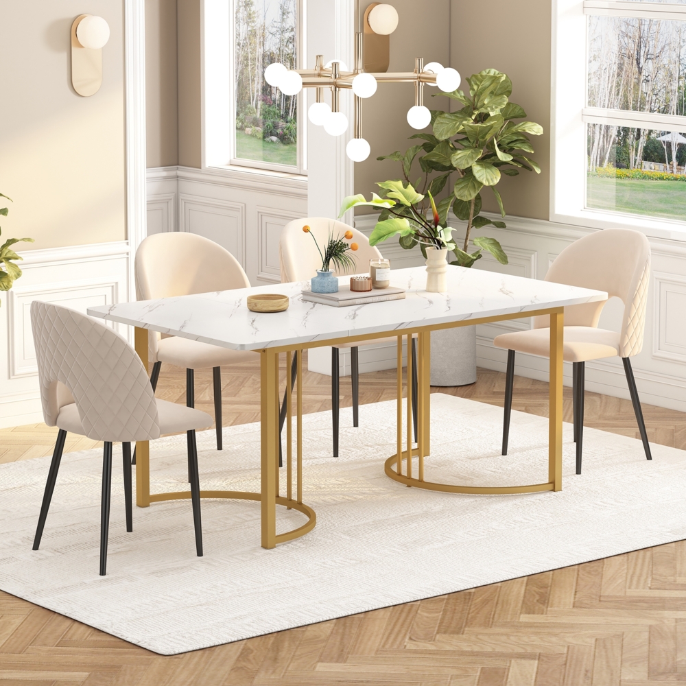 Merax Essgruppe, (Set,140×80cm Esstisch mit 4 Stühlen), Moderner Küchentisch Set, Samt Esszimmerstuhl Mit Diamantmuster, Verstellbare Stuhlbeine, Beige Samt, MDF Tischplatte in Weißer, Golden Tischbeine Bild 1