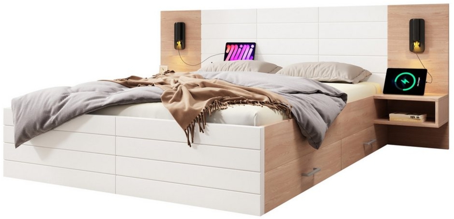 REDOM Polsterbett Bettanlage mit Stauraum (Doppelbett, Holzbett, 2-tlg, 140×200cm, mit Matratze), mit 2 Schubladen, 2 Nachtkommode, Leselicht&USB Ladefunktion Bild 1