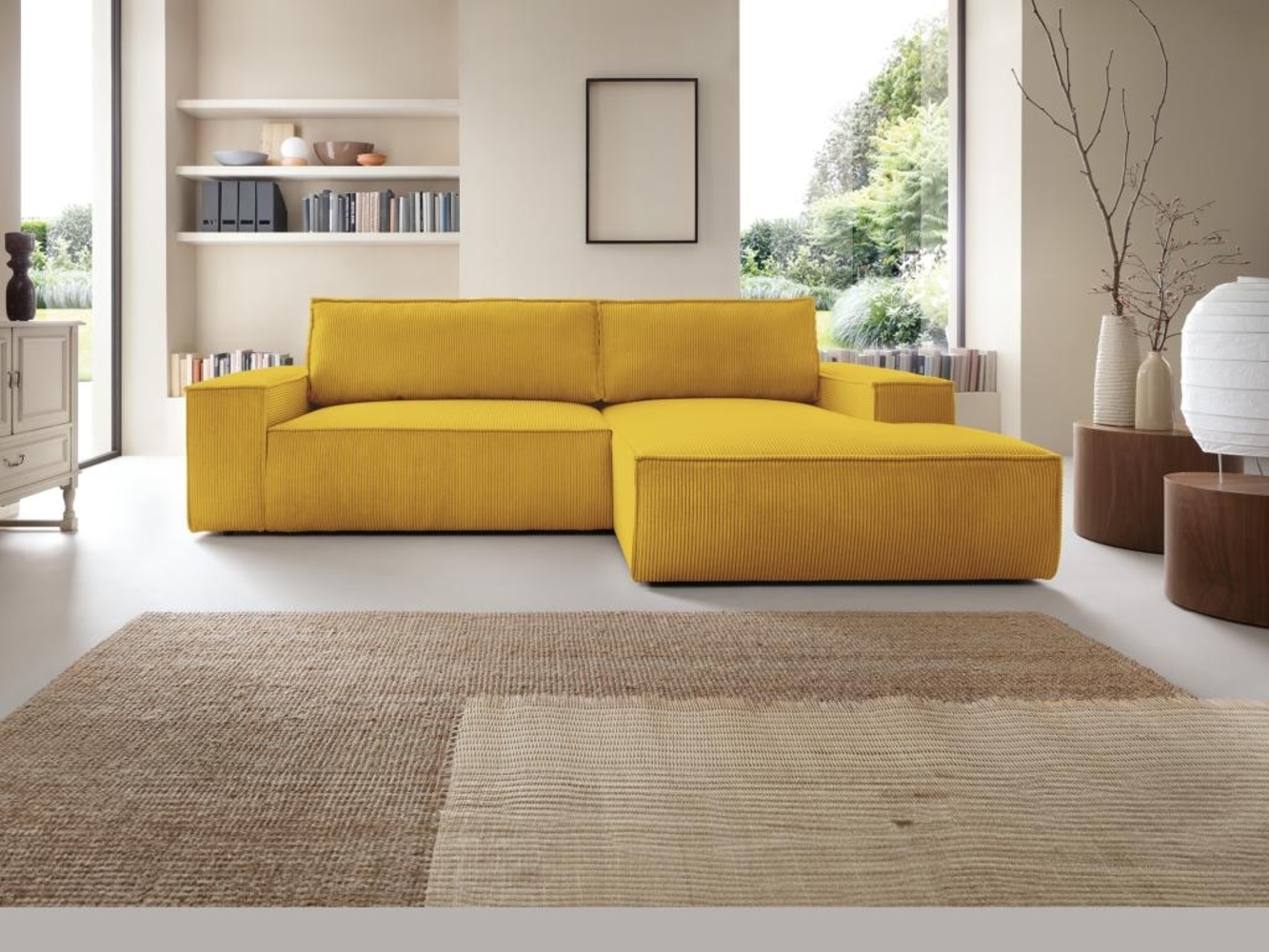 Vente-unique - Ecksofa mit Schlaffunktion - Ecke rechts - Cord - Gelb - AMELIA Bild 1