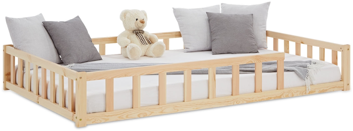 Kinderbett 120x200 Bodenbett mit Rausfallschutz Montessori Bett Kleinkindbett Holz Kiefer Natur Massiv Einzelbett Lattenrost Bettgestell Bild 1