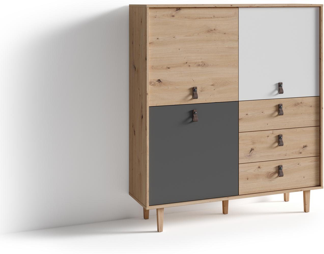 byLIVING Highboard BILL / Wohnzimmerschrank Artisan Eiche Optik hellbraun / Schrank mit 3 Tür und 3 Schubkästen / Sideboard mit Fronten in weiß und grau / Schlaufen-Griffe / B 120, H 135, T 36,5 cm Bild 1