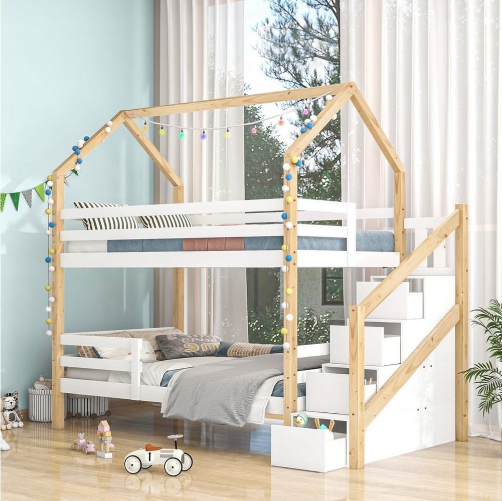 Flieks Etagenbett hrad (mit Lattenrost, Treppe und 4 Schubladen), Hochbett Kiefernholzbett Kinderbett Hausbett 90x200cm Bild 1