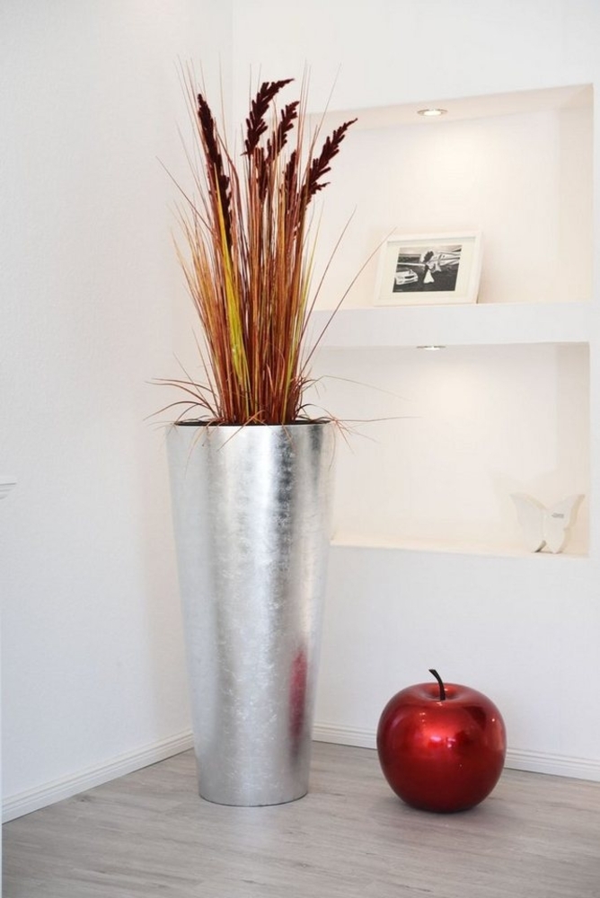 VIVANNO Bodenvase Pflanzkübel Blumenkübel Fiberglas "Rondo Classico", Silber Hochglanz Bild 1