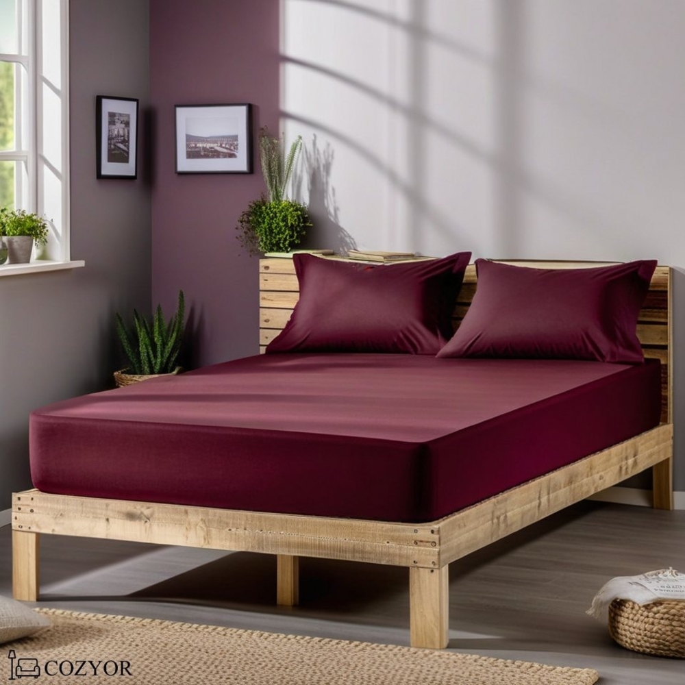 Cozyor Spannbettlaken 2er Set weich 90x190, 90x200, 140x200, 160x200, 180x200, 200x200cm, Mikorfaser weich gebürstet, Gummizug: rundum, (2 Stück), Matratzenhöhe bis 35cm, bordeaux Berry, Bettlaken mit starkem Gummi Bild 1
