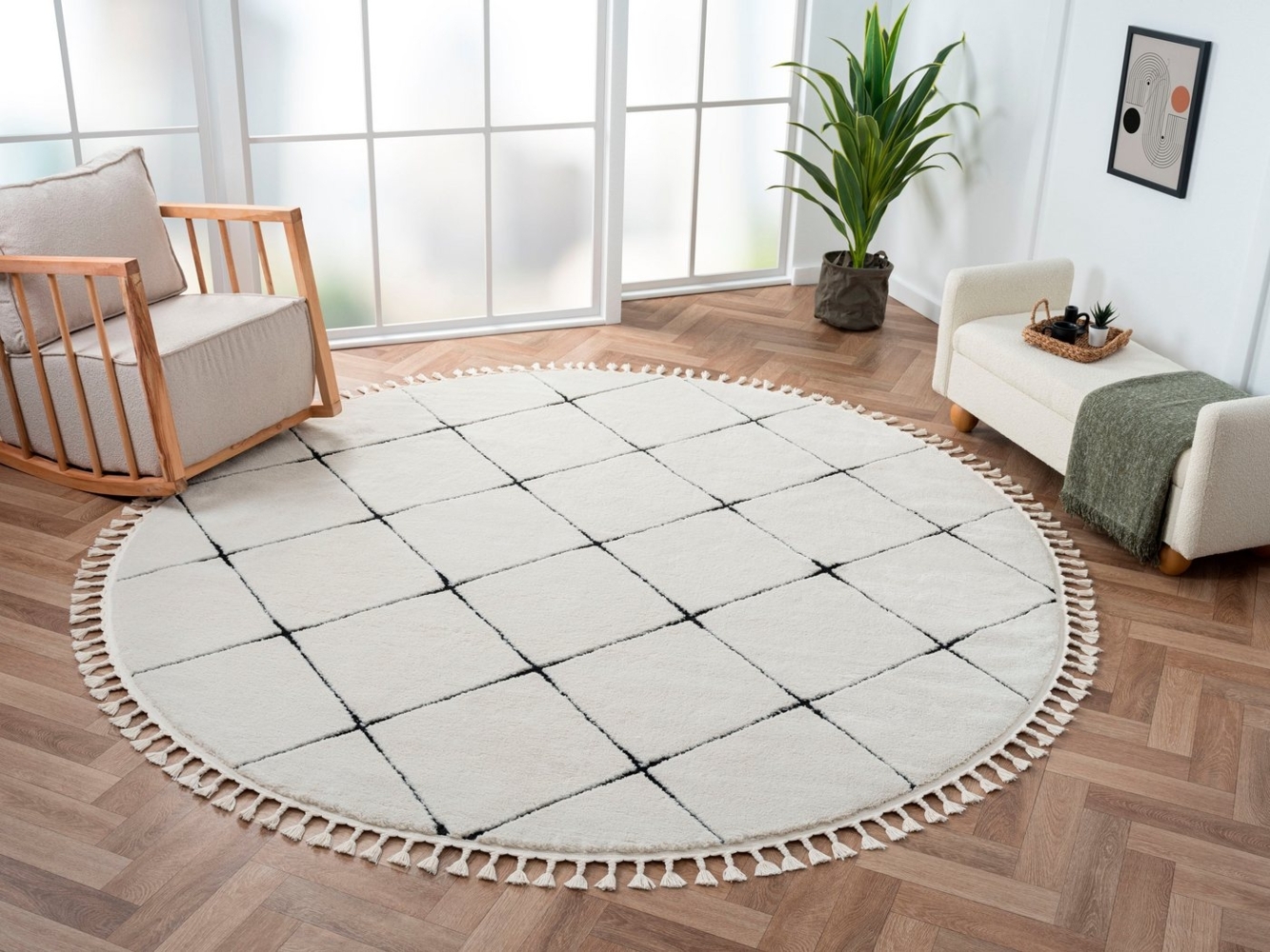 Myflair Möbel & Accessoires Hochflor-Teppich Moroccan Square, rund, Höhe: 24 mm, modern, marokkanisches Design, Rauten Muster, weich, mit Fransen Bild 1