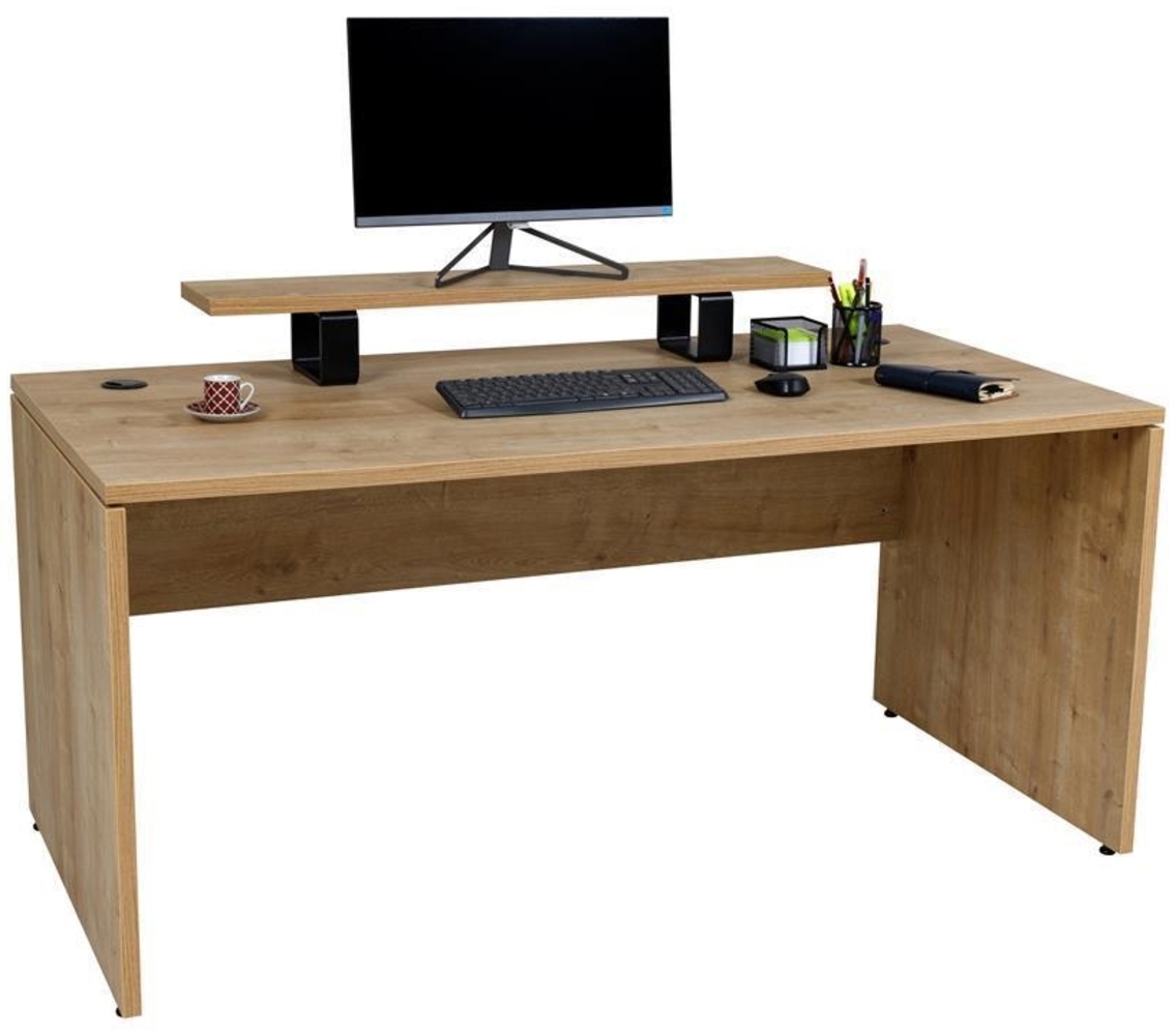 Furni24 Schreibtisch fürs Arbeitszimmer und Home Office - Großer laminierter Computertisch aus Holz, 2 Kabeldurchlässe, Bodengleiter (Saphir-Eiche, inkl. Monitorständer, 160 x 80 x 75 cm) Bild 1