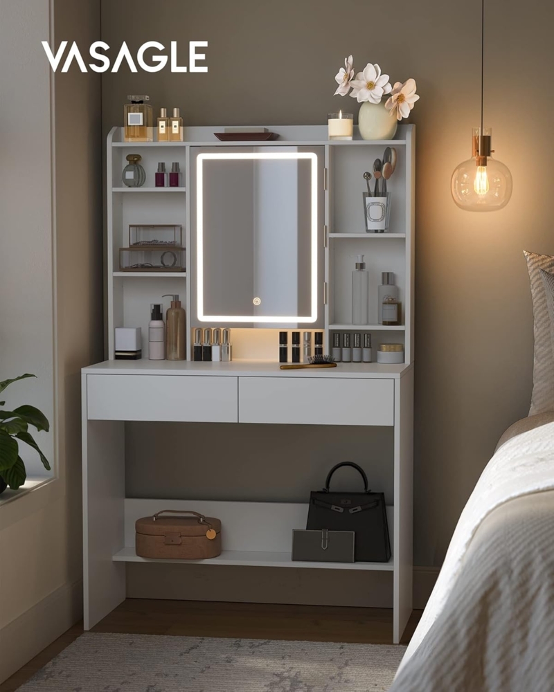 Vasagle Schminktisch mit Spiegel, Schubladen und LED-Beleuchtung, einstellbare Helligkeit, Holzspanplatte weiß, 144,7 x 40 x 90 cm Bild 1