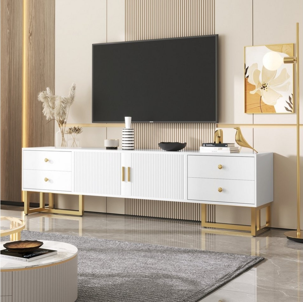 Refined Living Lowboard TV-Schrank, TV-Möbel TV-Ständer TV-Board, Fernsehtisch (1 St, 2 Tür, 4 Schubladen, 1 St, niedriges Paneel mit strukturierter Tür, TV-Möbel mit Schubladen), mit goldenen Griffen und goldenen Füßen, 175*30*46cm Bild 1