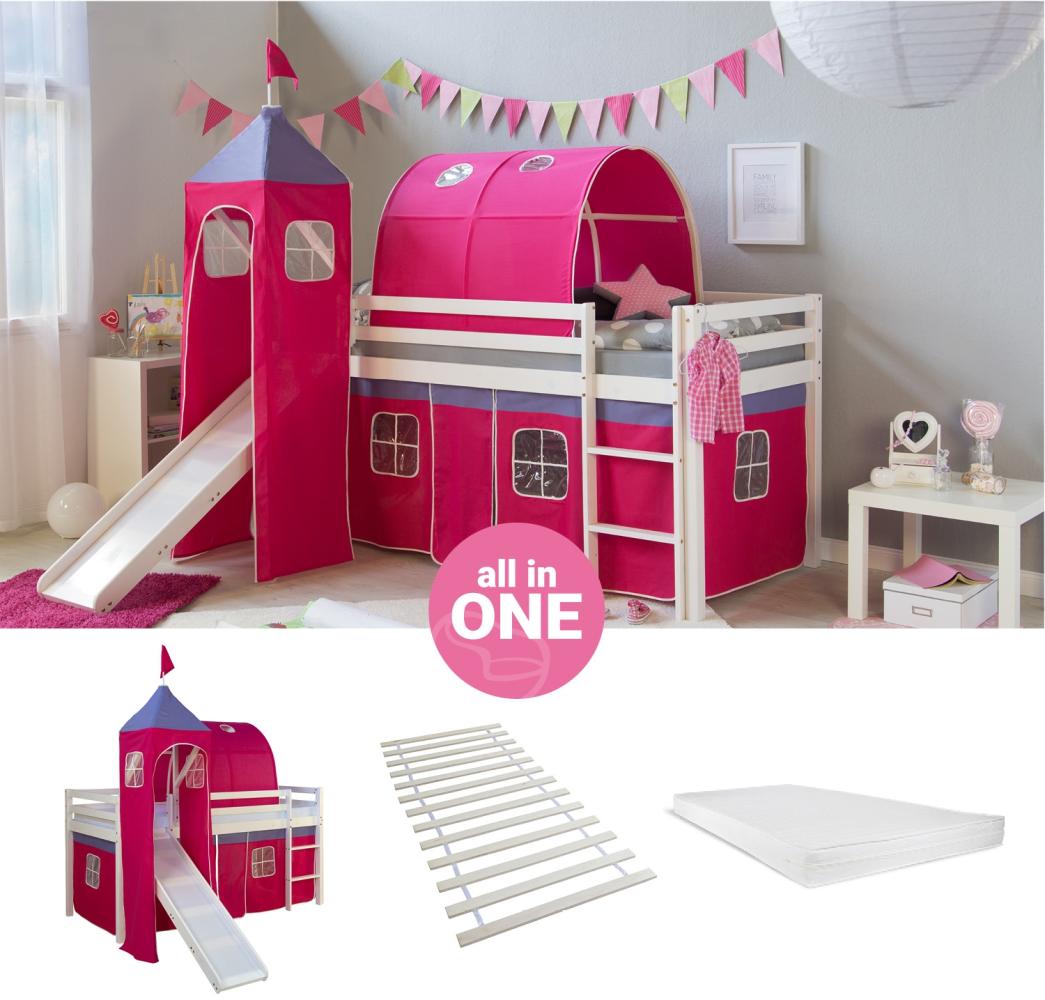 Hochbett mit Matratze 90x200 cm Turm Tunnel Rutsche Stockbett Kinderbett Leiter Holz Kiefer Vorhang pink Lattenrost Spielbett Bild 1