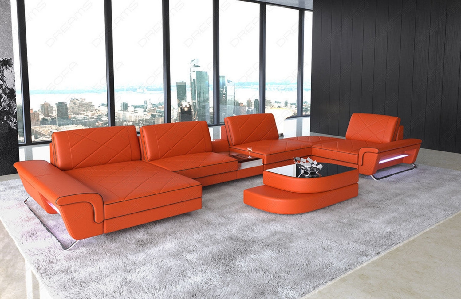 Sofa Dreams 'Bari U' Wohnlandschaft, Orange / Schwarz, Ledermix, 89 x 243 x 456 cm, Links Bild 1