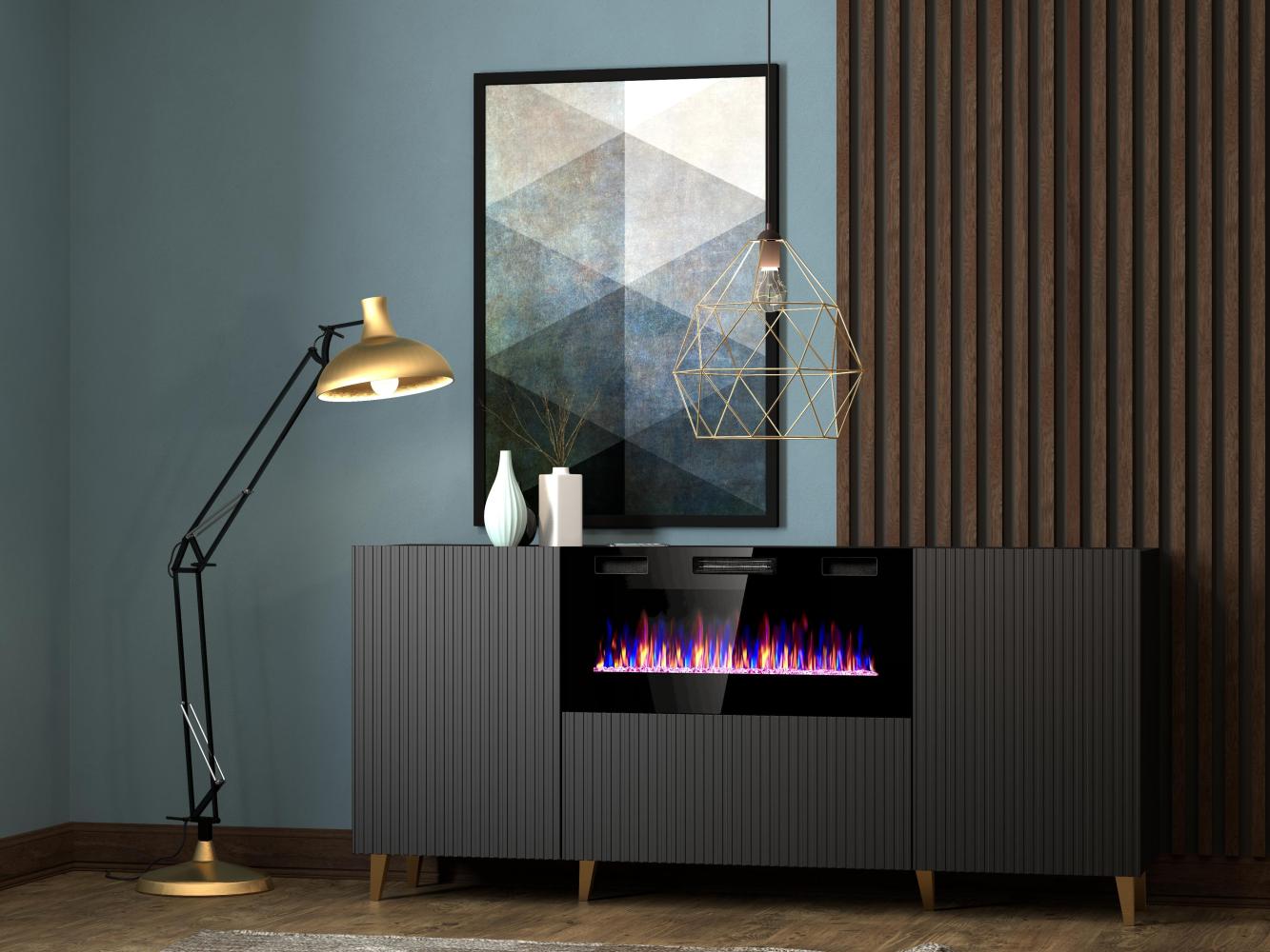 Domando Sideboard Carducci M3 Modern Breite 182cm, edel gefräste Fronten, Elektrokamin mit Farbwechsel, Dimmer und Timer in Schwarz Matt Bild 1