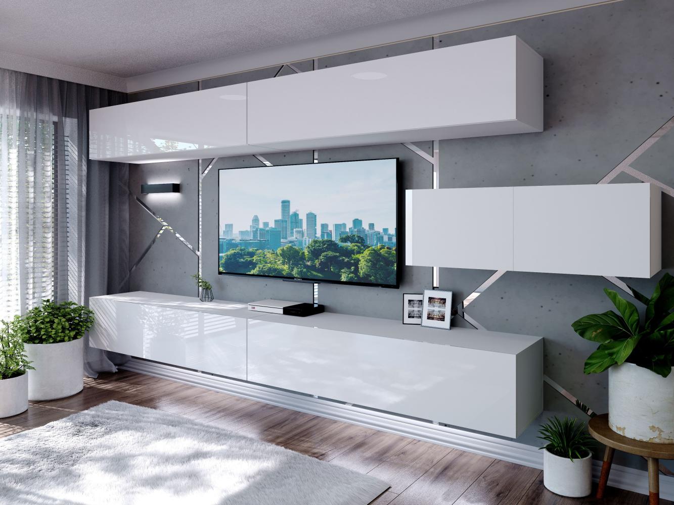 Domando Wohnwand Imperia M3 Modern für Wohnzimmer Breite 350cm, variabel hängbar, Push-to-open-System, LED Beleuchtung in weiß, Hochglanz in Weiß Matt und Weiß Hochglanz Bild 1