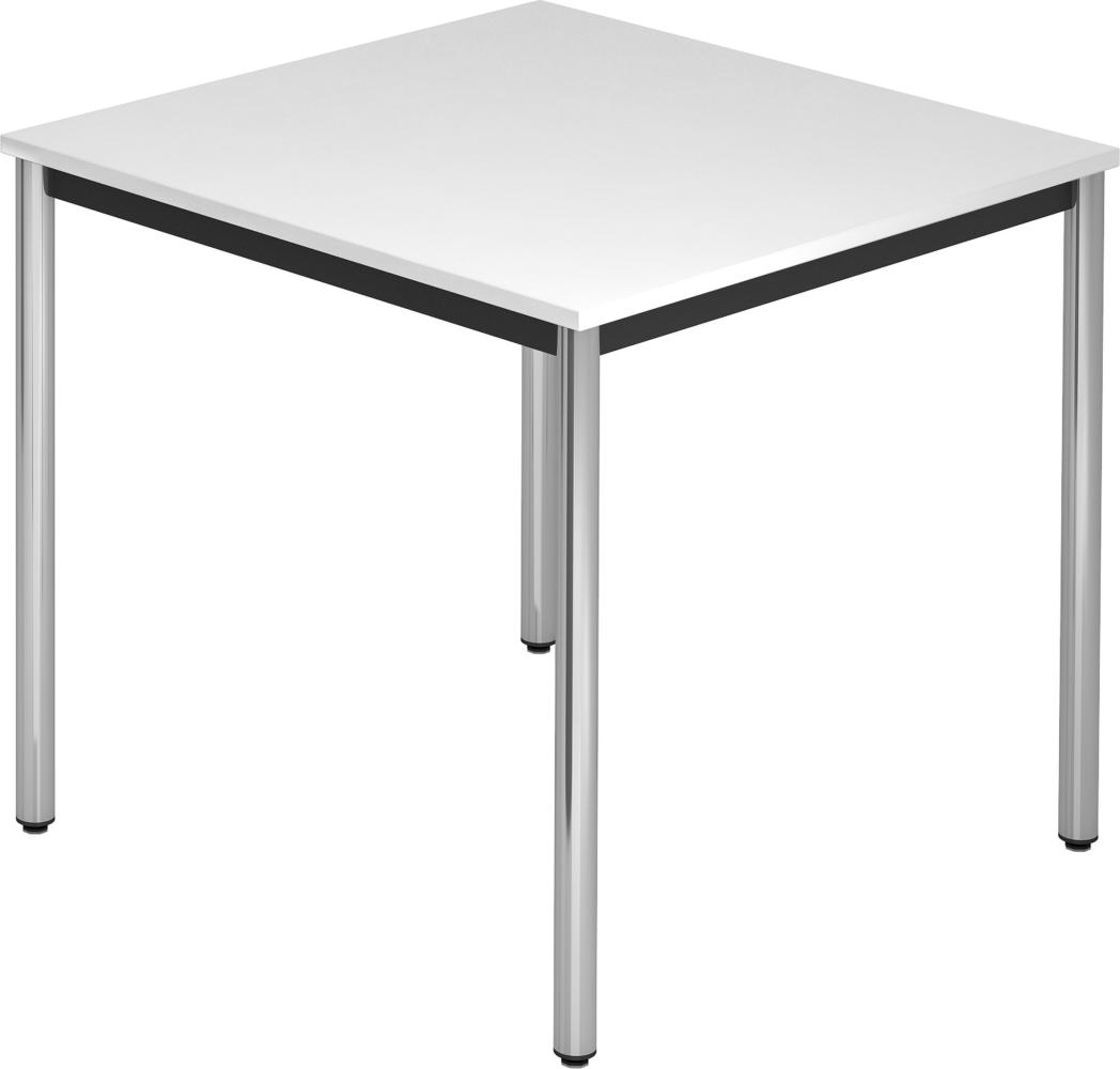 bümö Multifunktionstisch weiß, Tisch 80 x 80 cm, Tischfuß verchromt - einfacher Tisch klein, Besprechungstisch System D-Serie, Konferenztisch, Meetingtisch, Mehrzwecktisch, Pausentisch, DR08-W-C Bild 1