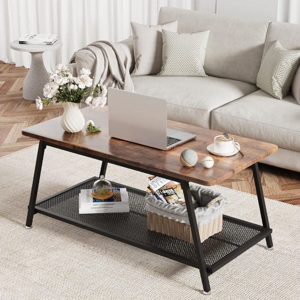 GarveeMore Couchtisch Wohnzimmertisch mit 2 Ebenen, mit Gitterablage, Industrial Style Bild 1