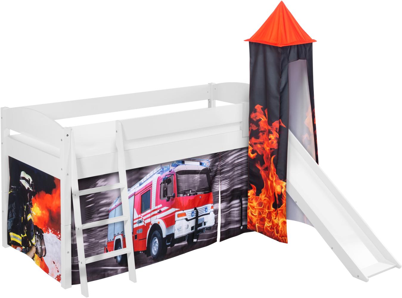 Lilokids 'Ida 4105' Spielbett 90x200 cm, Feuerwehr, Kiefer massiv, mit Turm, Rutsche und Vorhang Bild 1