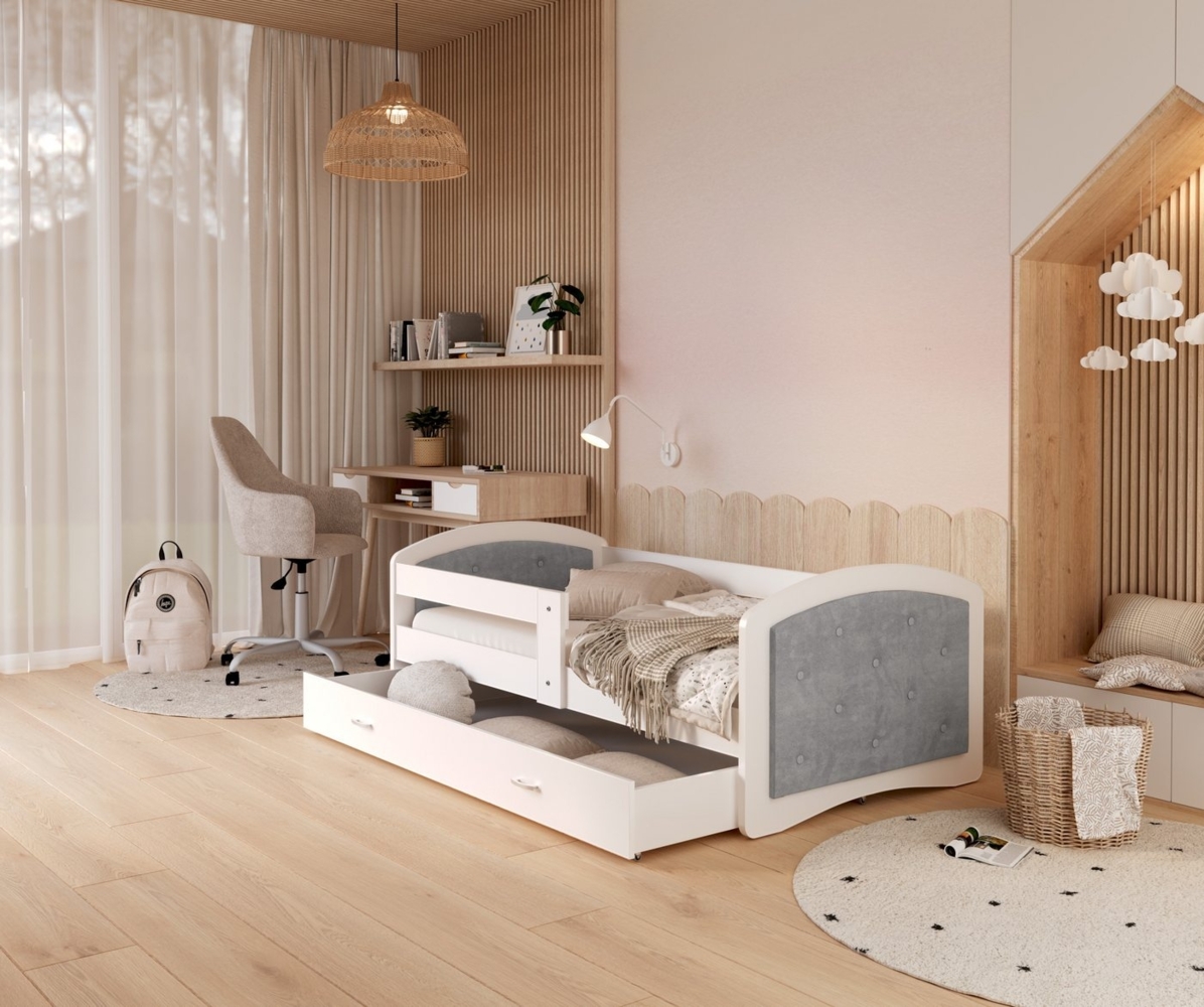 AJKmeble Kinderbett mit Rausfallschutz, 80x160, 80x180, 90x200cm inkl. Lattenrost (MADE IN EU - JUGENDBETT - Kinderbett - mit Polsterung in Weiß, Rosa und Grau, mit Rausfallschutz, für Jungen und Mädchen, Kinderzimmer-Bett), MDF-Holz Made in Europe Bild 1