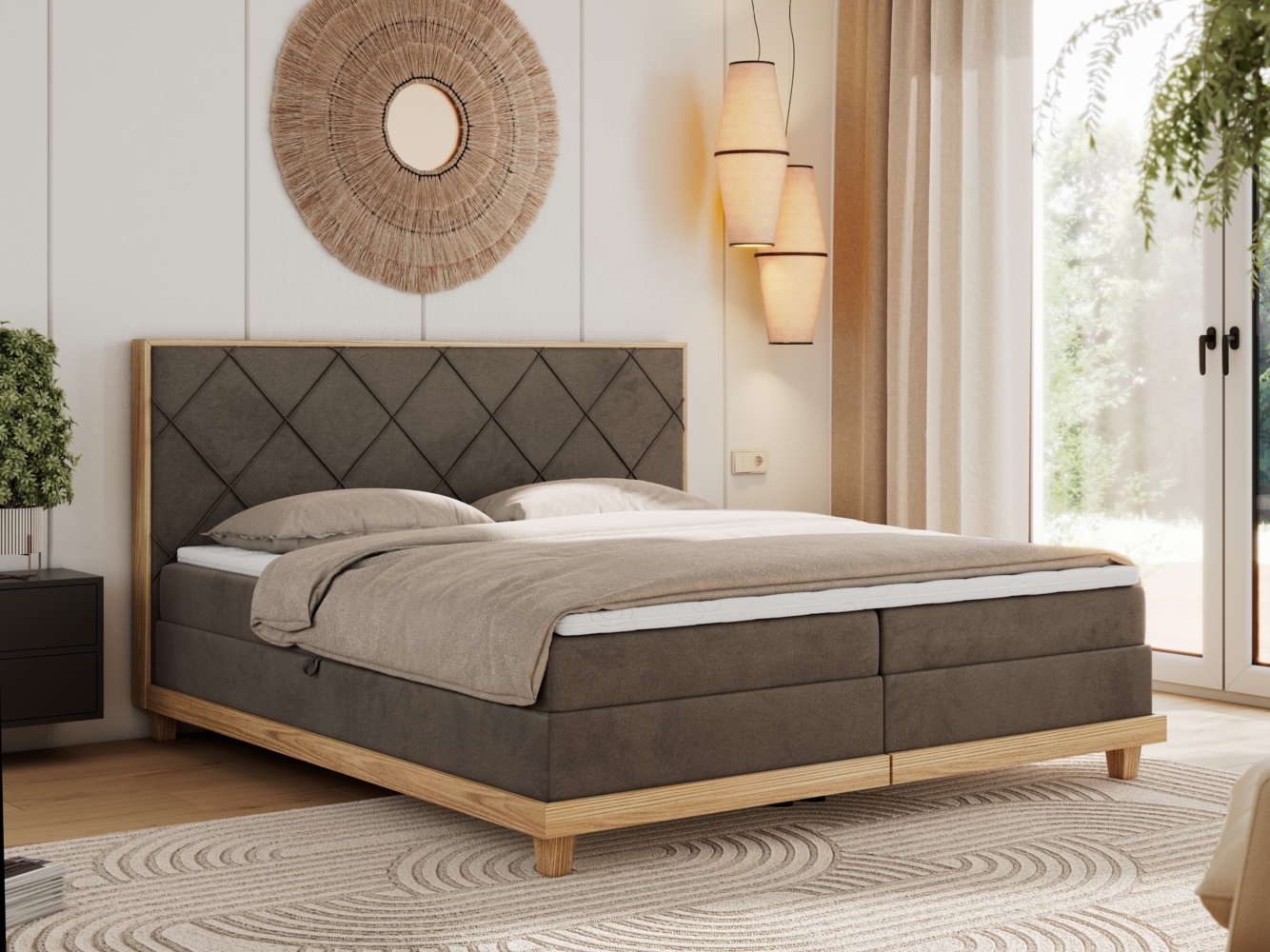 Boxspringbett mit Massivholzelementen und Multipocket - Matratzen - CAICOS - 140 x 200 cm - Braun Velours - H3 Bild 1