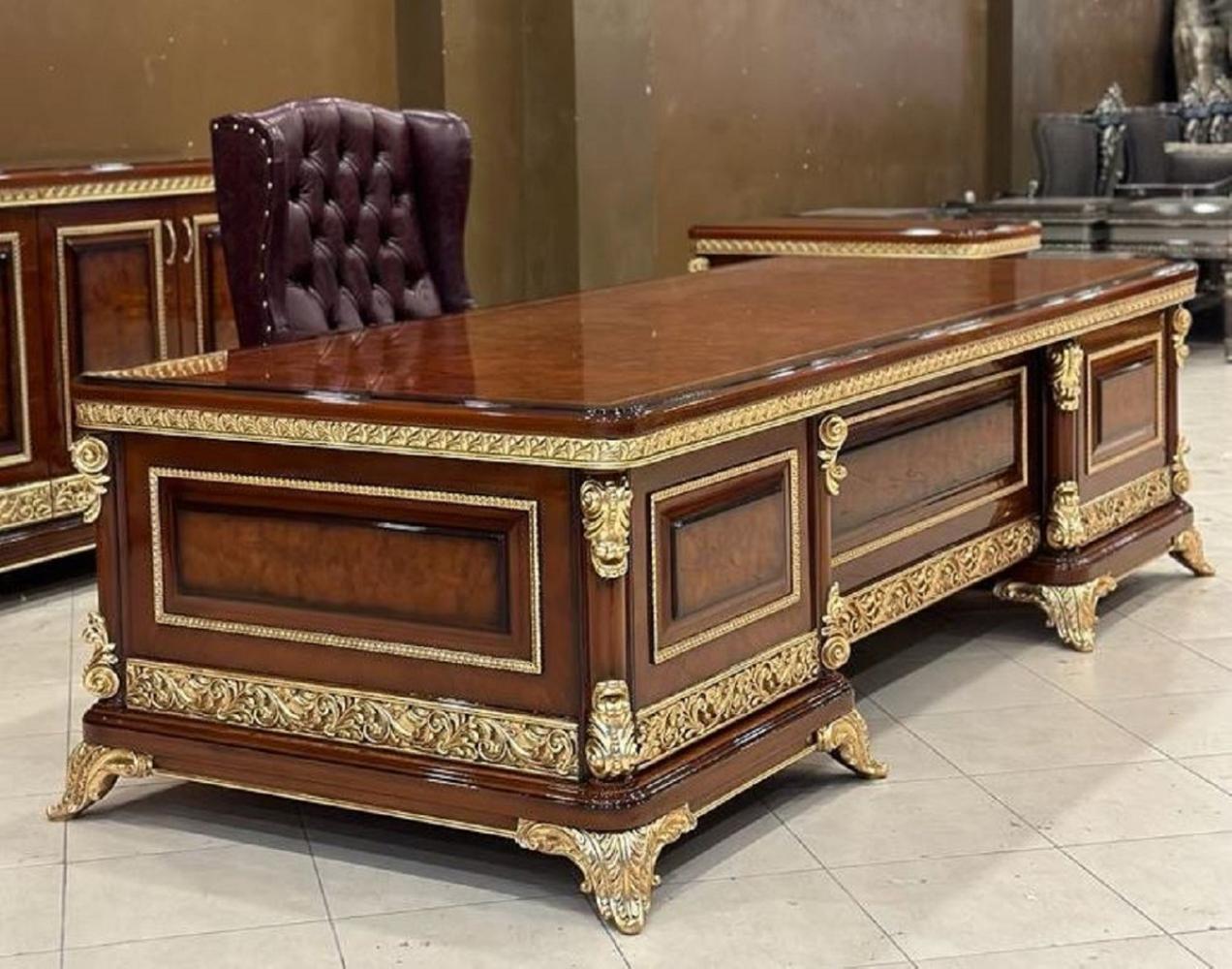 Casa Padrino Luxus Barock Schreibtisch Braun / Gold - Prunkvoller Massivholz Bürotisch - Luxus Büro Möbel im Barockstil - Barock Möbel - Barock Büro Einrichtung - Edel & Prunkvoll Bild 1