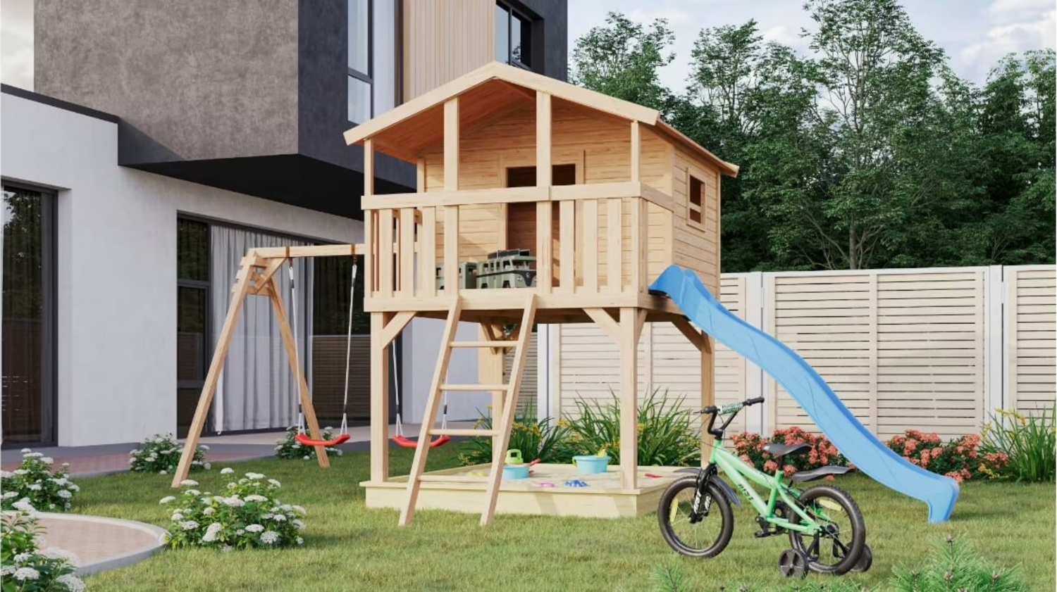 Karibu Stelzenhaus Benjamin naturbelassen mit Doppelschaukel Mit blauer Rutsche Bild 1