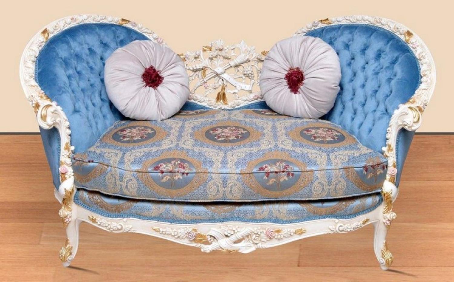 Casa Padrino Barock Sofa Blau Muster / Weiß / Gold - Handgefertigtes Wohnzimmer Sofa im Barockstil - Prunkvolle Barock Wohnzimmer Möbel Bild 1