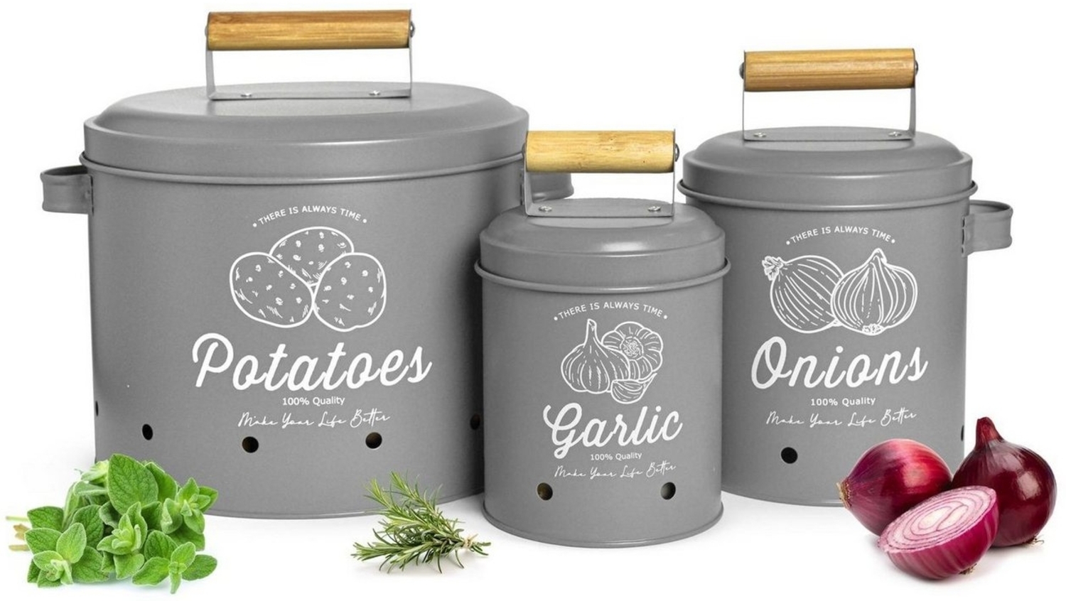 3 Vorratsbehälter Kartoffeltopf Knoblauchtopf Zwiebeltopf Vorratsdosen grau matt Bild 1
