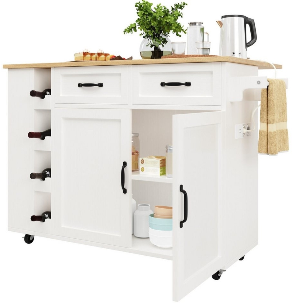 i@home Kücheninsel Küchenschrank, Buffetschrank, Speisewagen mit Holzmaserung, (Bis 60 kg belastbar, 2 Schiebetüren und 2 Schubladen), Küchenwagen mit Steckdosenleiste ausgestattet, 131.5 x 43 x 90.7 CM Bild 1