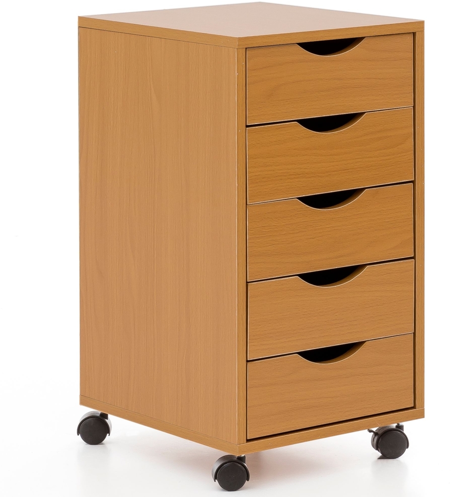 Rollcontainer WL5.924 33 x 64 x 38 cm Buche MDF-Holz, Schreibtisch-Container Rollschrank 5 Schubladen, Moderner Schubladencontainer mit Rollen, Standcontainer Bürocontainer Beistellcontainer Bild 1