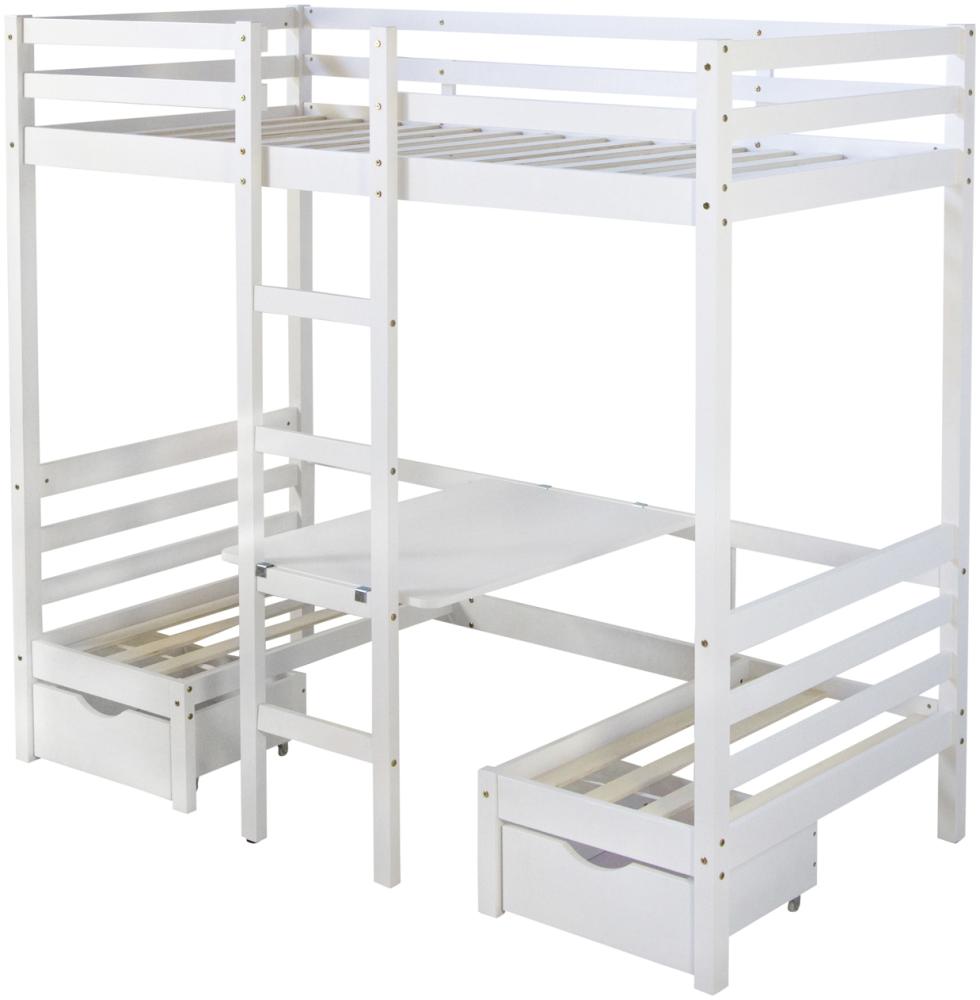 Kinderbett Hochbett 90x200 weiß Schreibtisch Etagenbett + Sitzkissen grau Bild 1